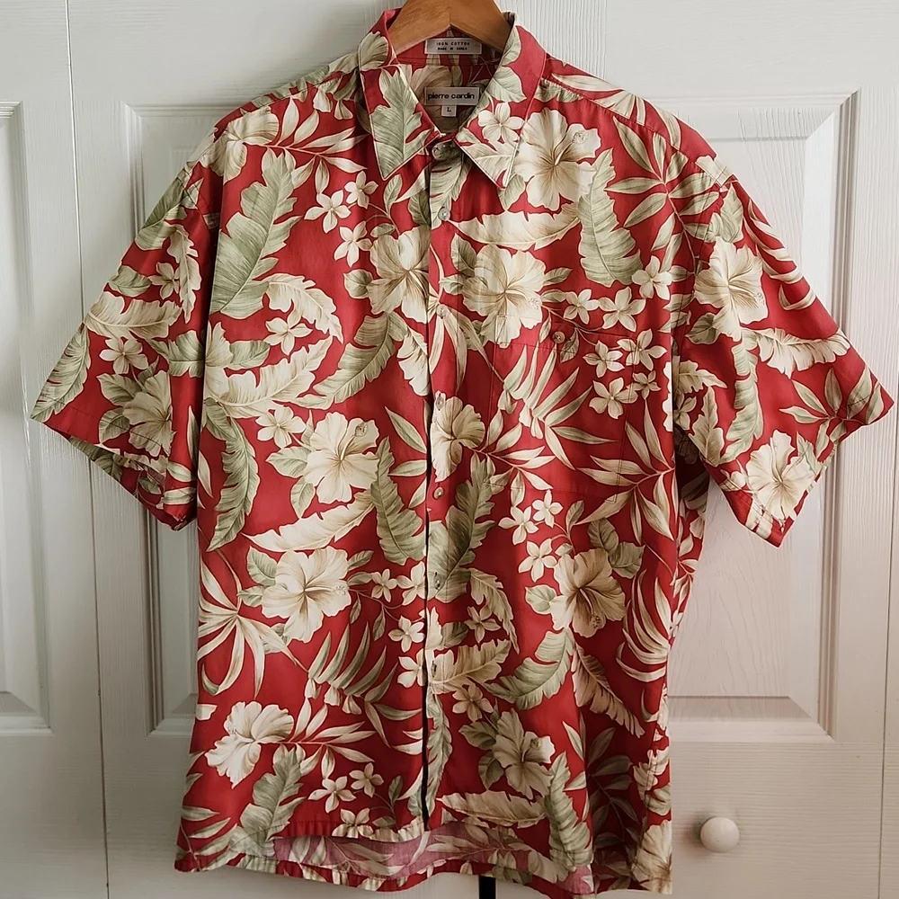Vintage Pierre Cardin Mens‎ Dark Salmon Tropical Button Up Shirt Size LG Floral